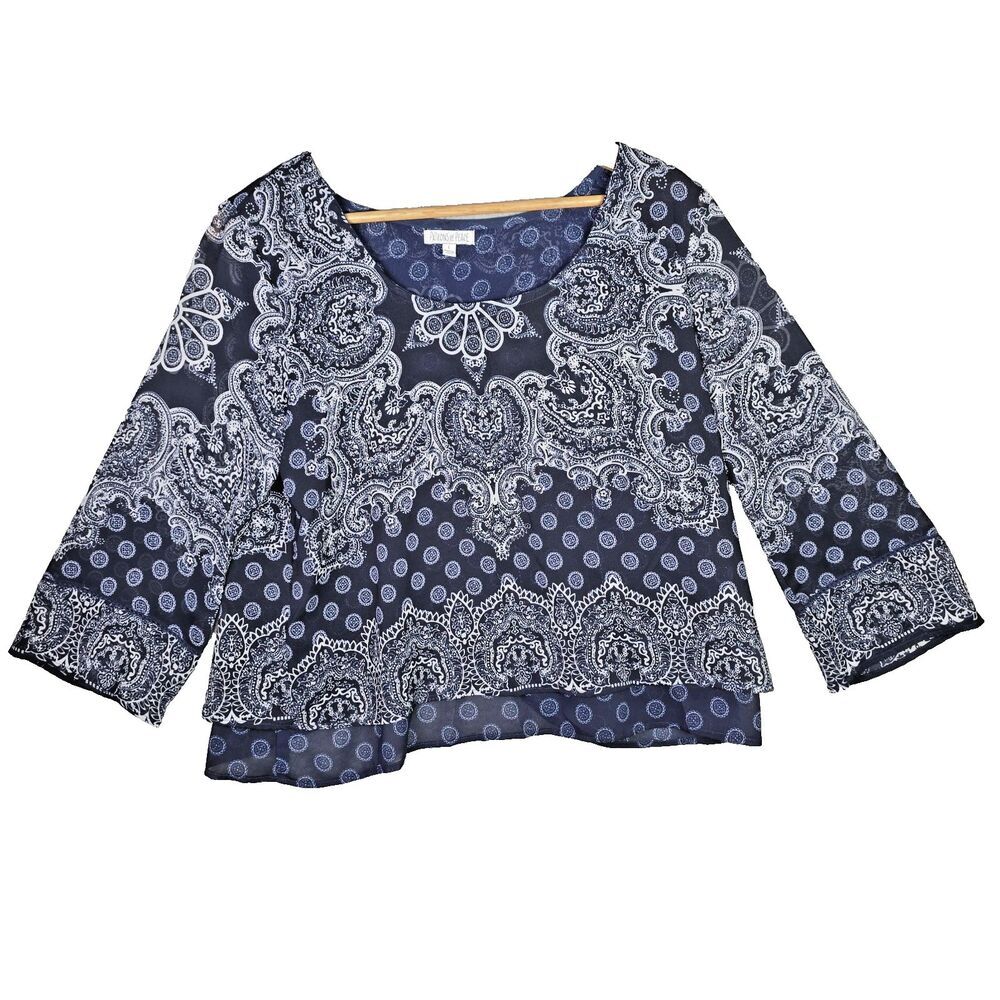 Patrons of Peace Blouse Womens L Blue White Paisley Boho Criss Cross Back Shirt